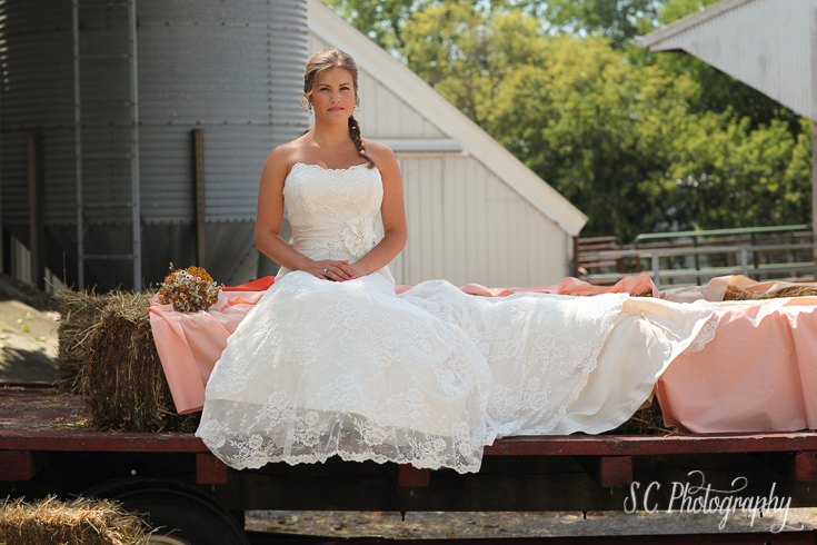 Bridal Portrait, Hay Wagon, Cowboy boots, Grass Lake Michigan